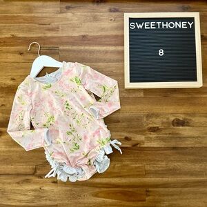 SweetHoney Pink Swifting Floral Dotty Long Sleeve Rash Guard Swimsuit 8